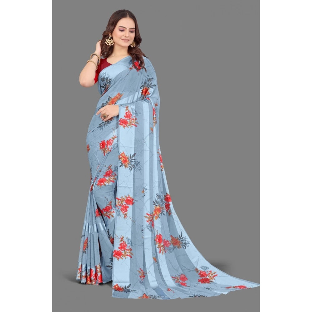 pkrkart Women's Satin Patta Printed Saree With Unstitched Blouse (Grey)