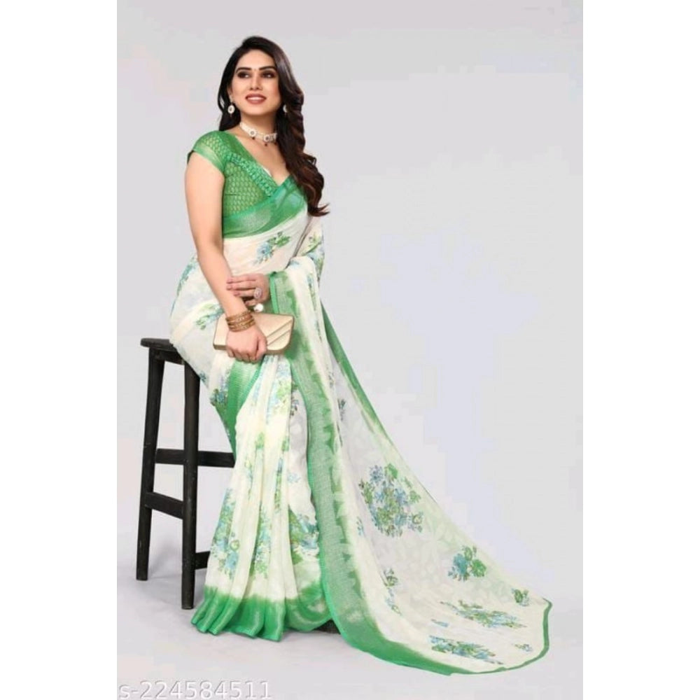 pkrkart Women's Viscose Rayon Printed Saree With Unstitched Blouse (Green)