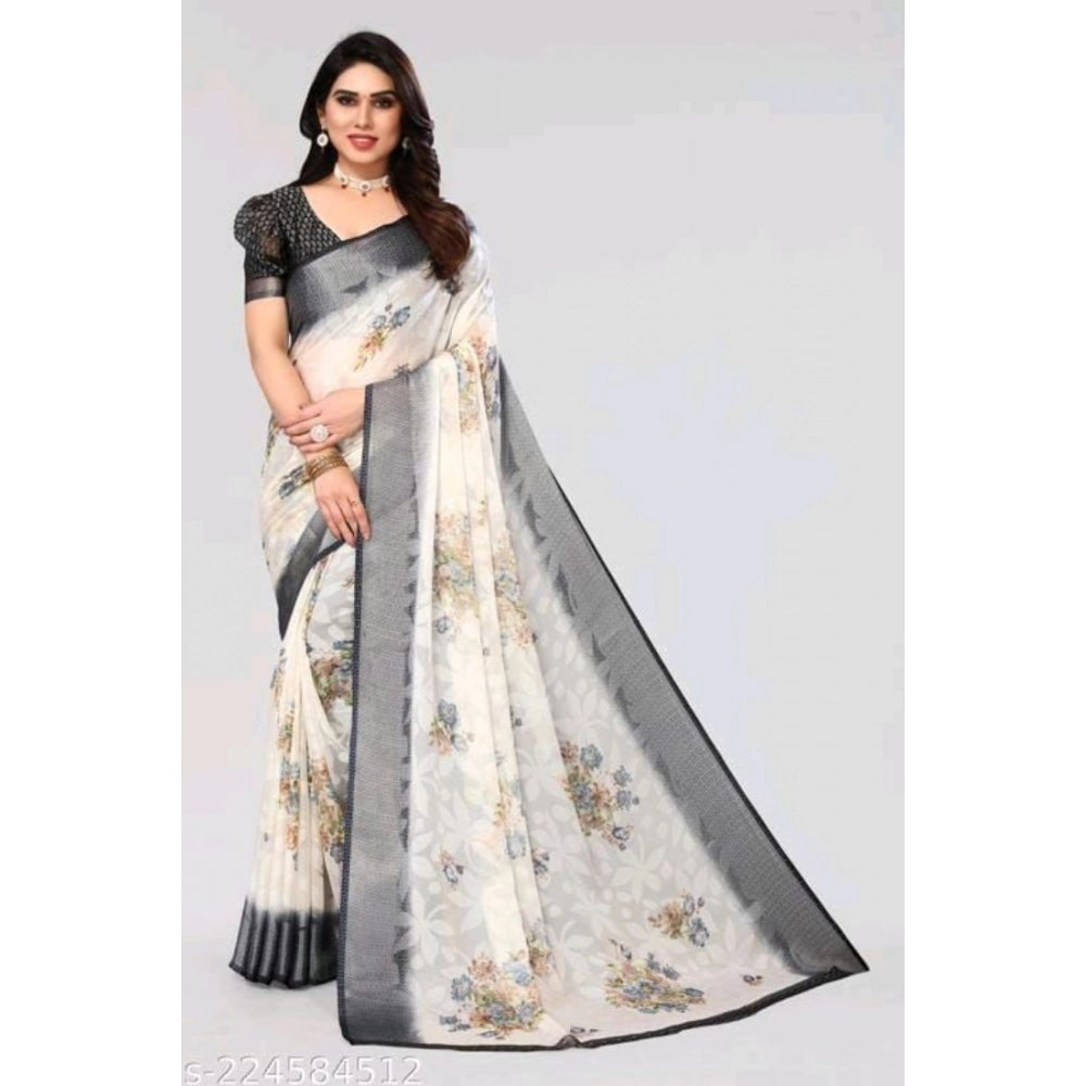 pkrkart Women's Viscose Rayon Printed Saree With Unstitched Blouse (Black)