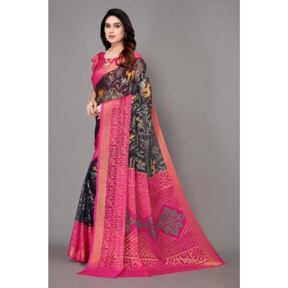 pkrkart Women's Viscose Rayon Printed Saree With Unstitched Blouse (Navy Blue)