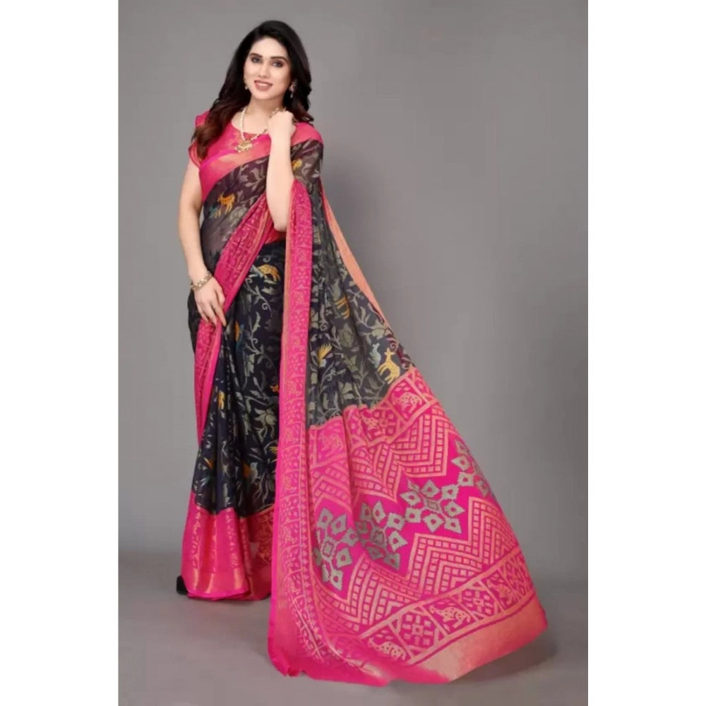 pkrkart Women's Viscose Rayon Printed Saree With Unstitched Blouse (Navy Blue)