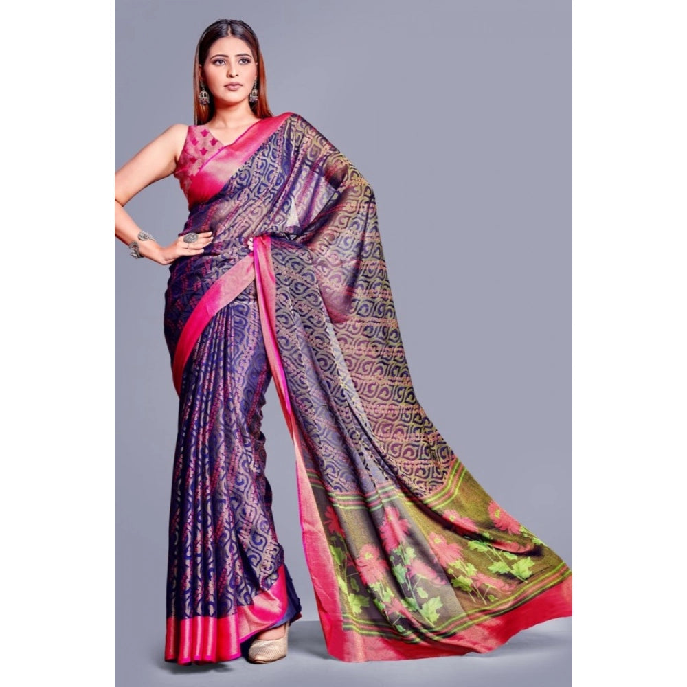 pkrkart Women's Viscose Rayon Printed Saree With Unstitched Blouse (Navy Blue)