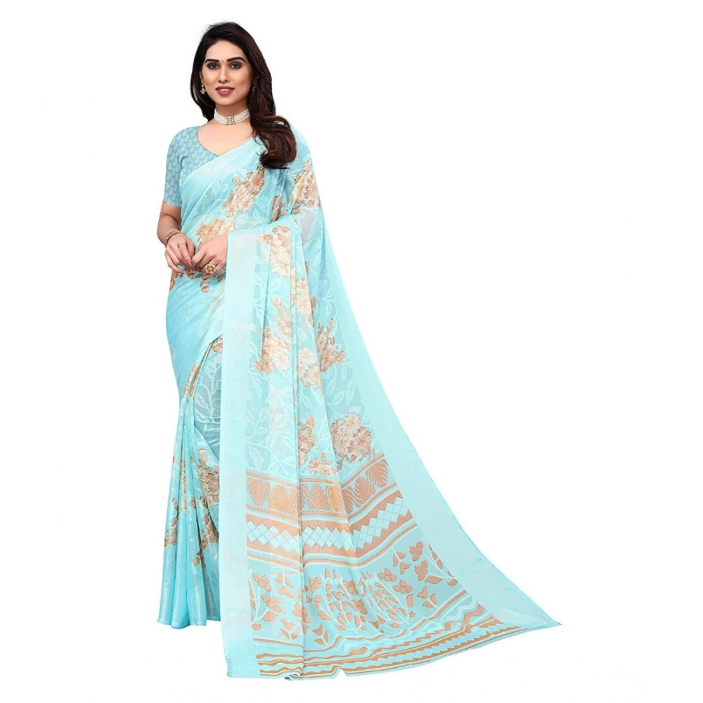 pkrkart Women's Viscose Rayon Printed Saree With Unstitched Blouse (Sky Blue)