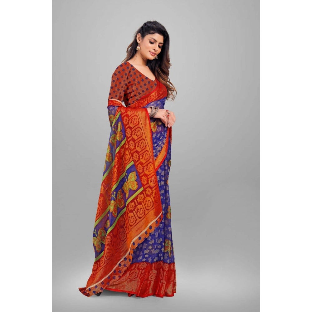 pkrkart Women's Viscose Rayon Printed Saree With Unstitched Blouse (Blue)