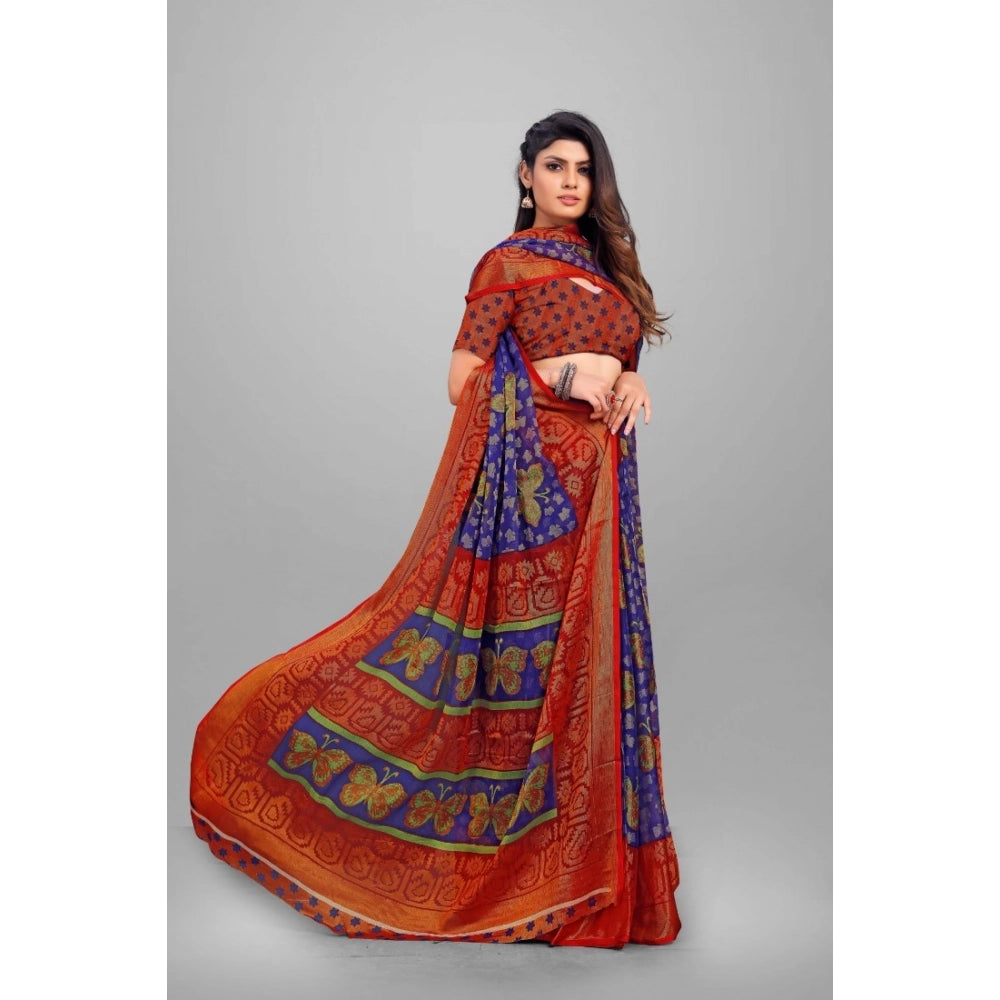 pkrkart Women's Viscose Rayon Printed Saree With Unstitched Blouse (Blue)