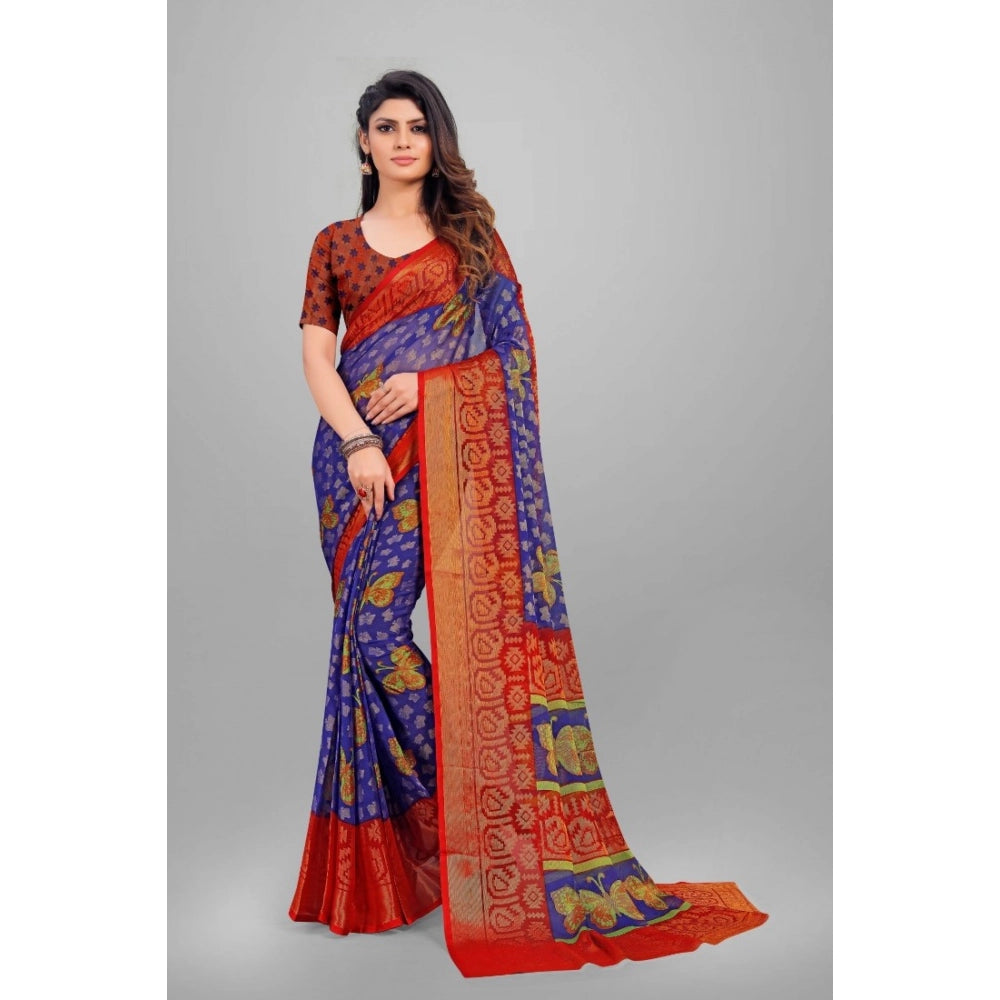 pkrkart Women's Viscose Rayon Printed Saree With Unstitched Blouse (Blue)