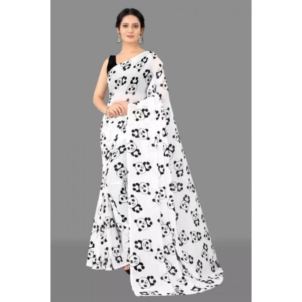 pkrkart Women's Georgette Printed Saree With Unstitched Blouse (White)