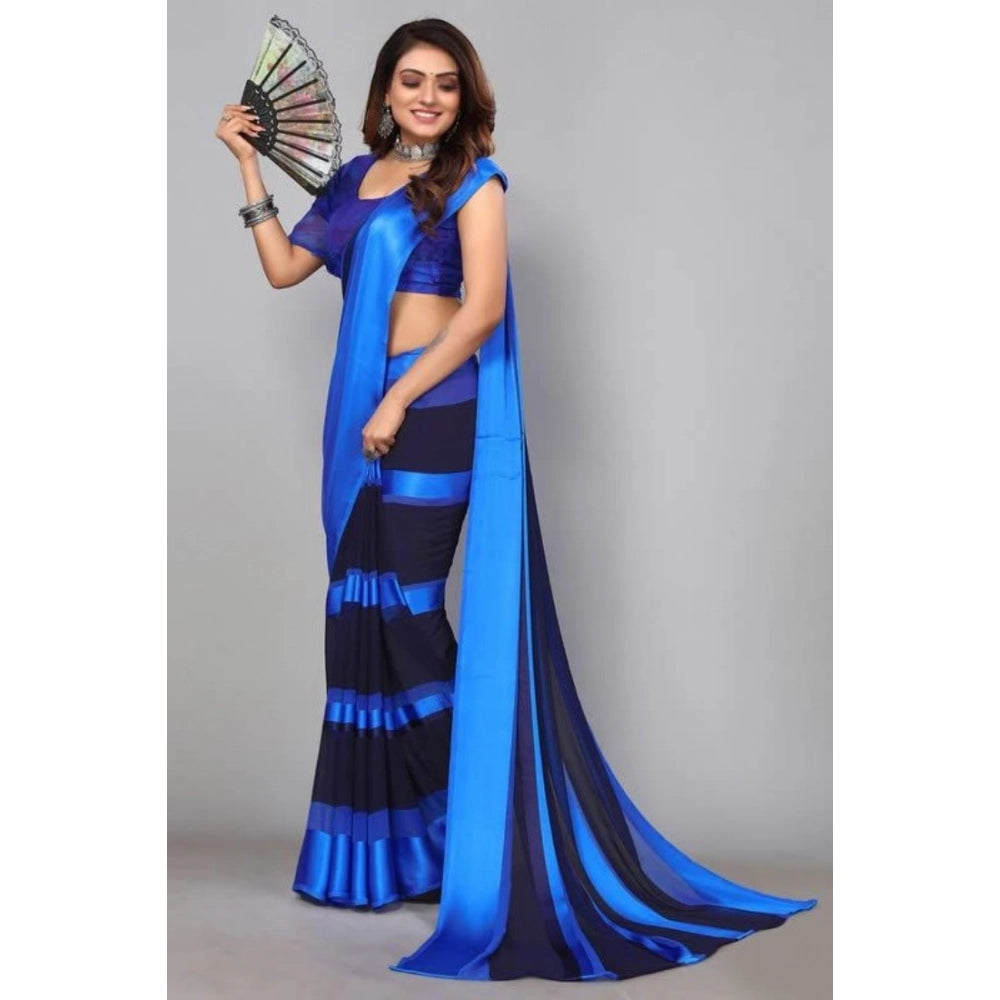 pkrkart Women's Satin Patta Printed Saree With Unstitched Blouse (Skyblue)