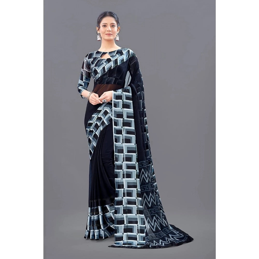 pkrkart Women's Satin Patta Printed Saree With Unstitched Blouse (Black)