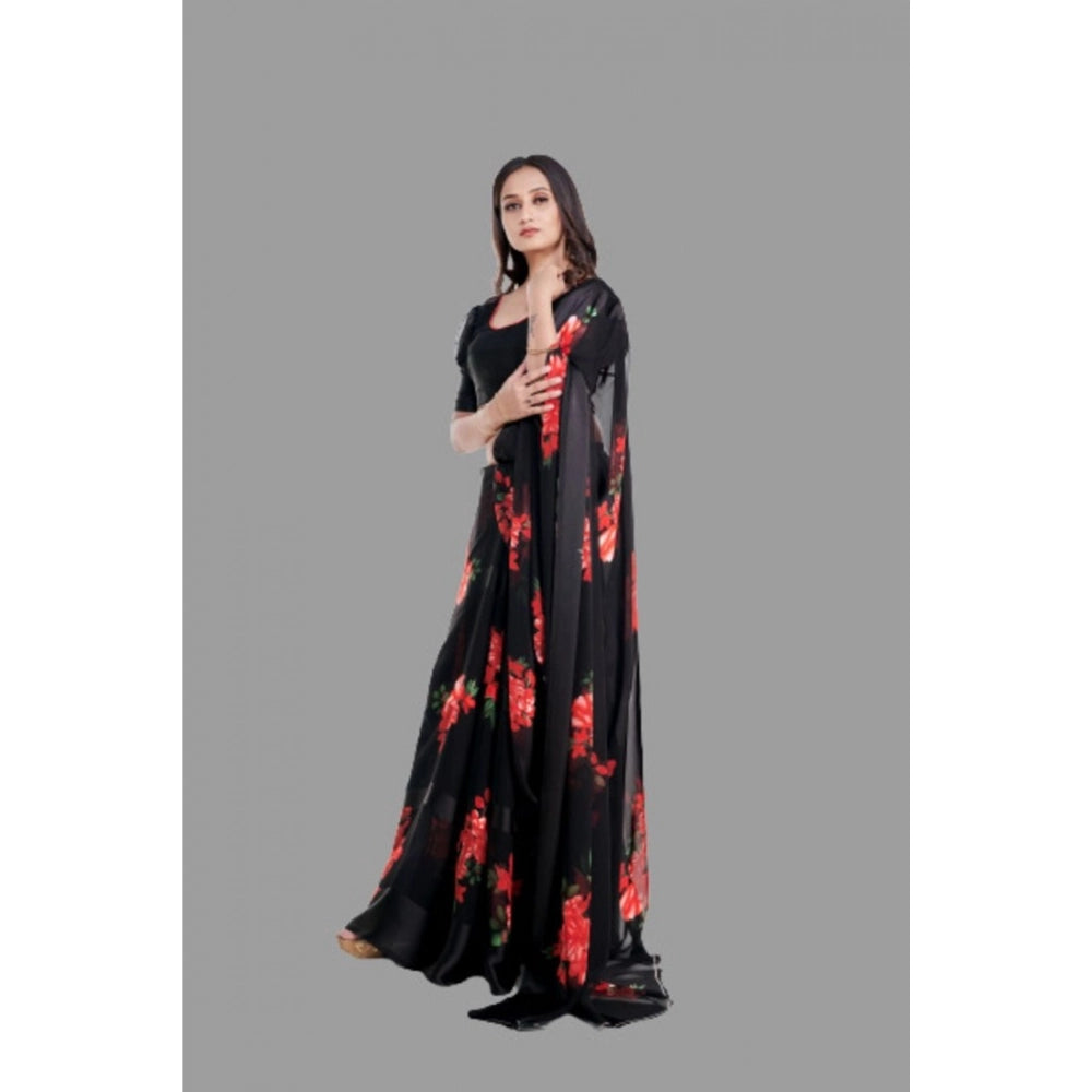 pkrkart Women's Satin Patta Printed Saree With Unstitched Blouse (Red)