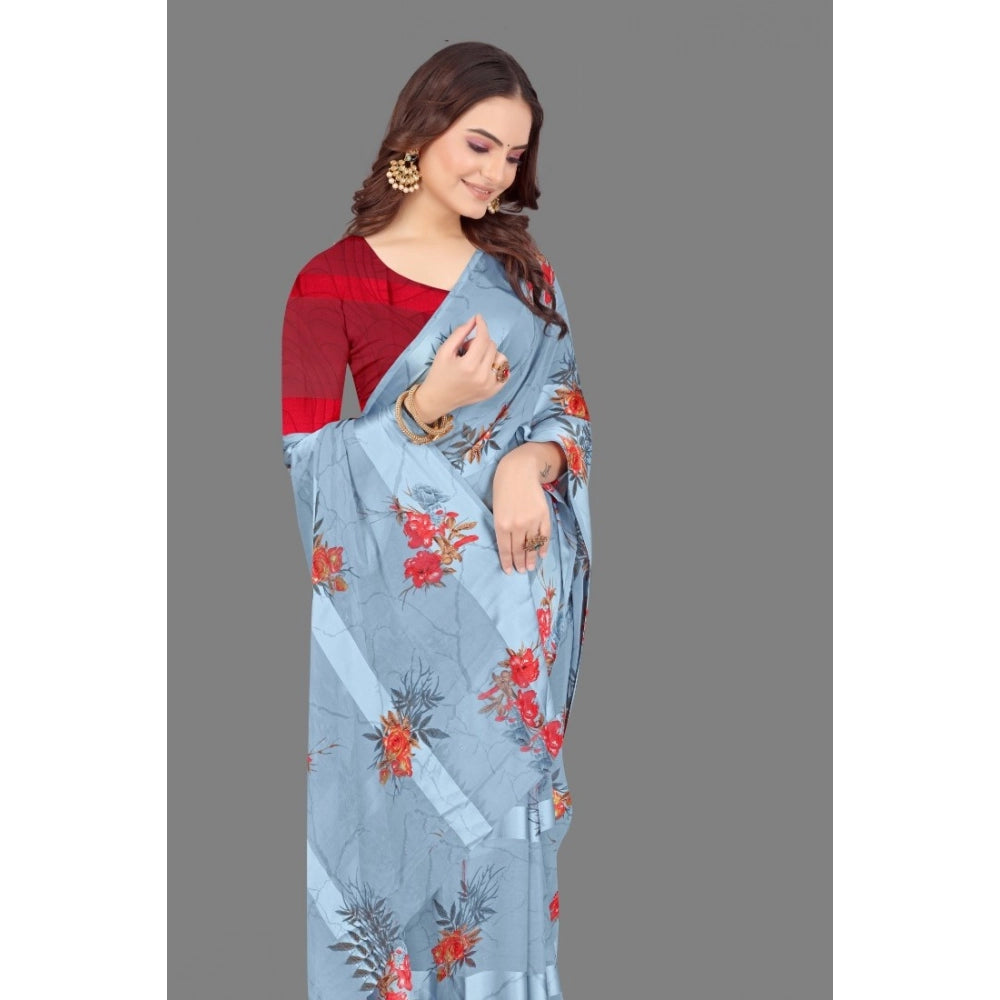 pkrkart Women's Satin Patta Printed Saree With Unstitched Blouse (Grey)