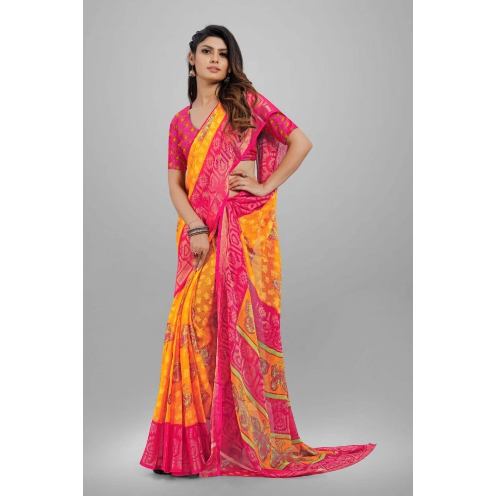 pkrkart Women's Viscose Rayon Printed Saree With Unstitched Blouse (Yellow)