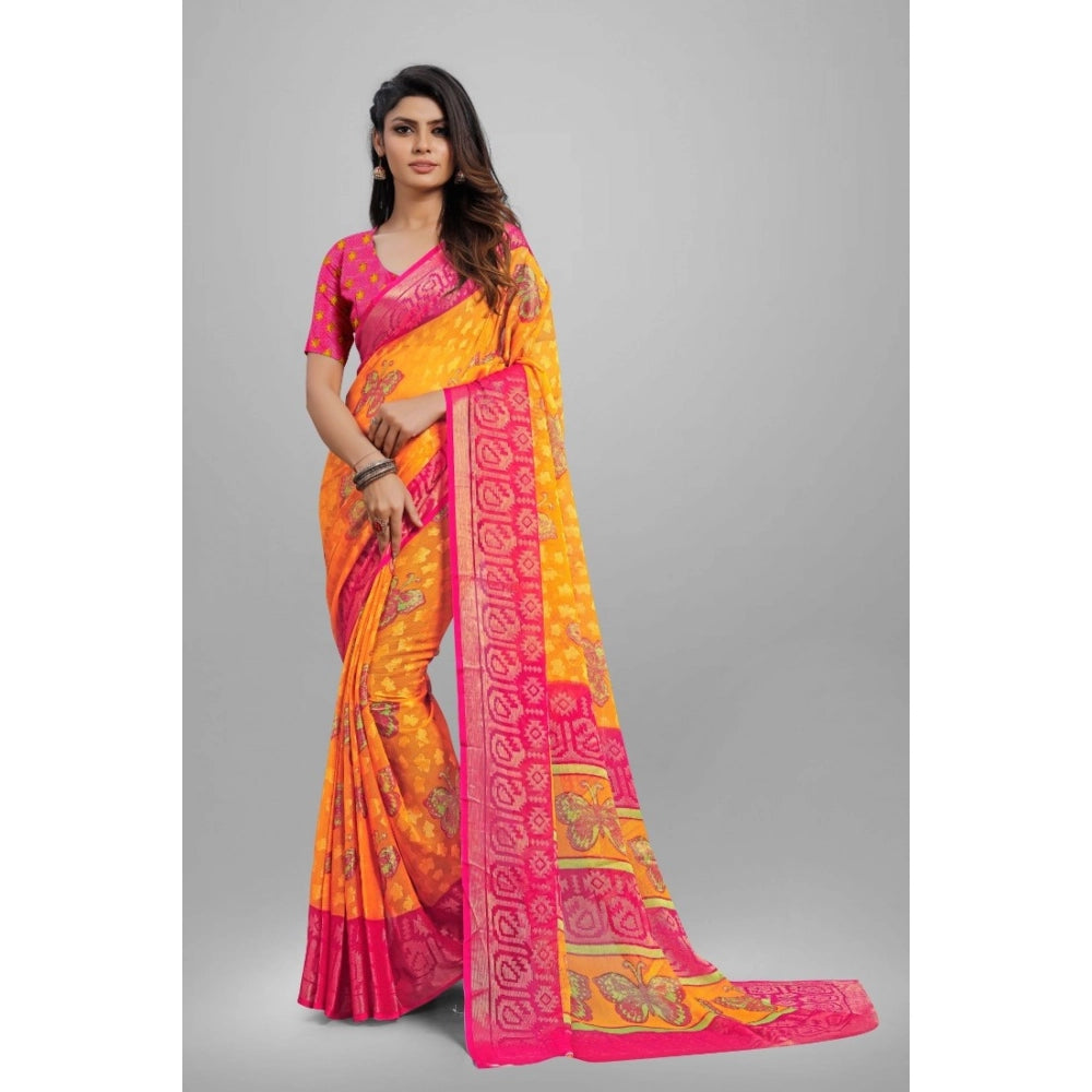 pkrkart Women's Viscose Rayon Printed Saree With Unstitched Blouse (Yellow)