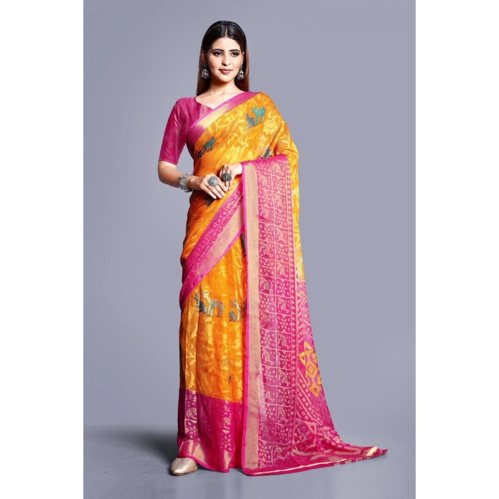 pkrkart Women's Viscose Rayon Printed Saree With Unstitched Blouse (Yellow)
