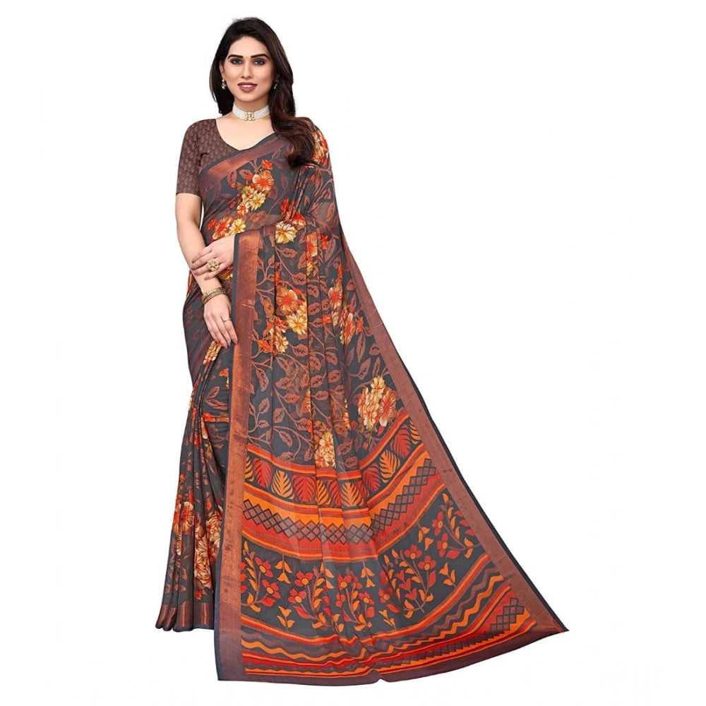 pkrkart Women's Viscose Rayon Printed Saree With Unstitched Blouse (Grey)