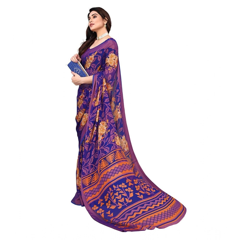 pkrkart Women's Viscose Rayon Printed Saree With Unstitched Blouse (Blue)