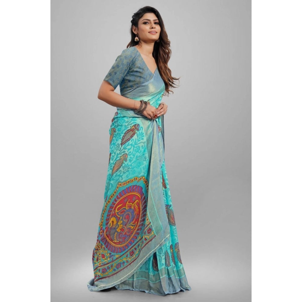 pkrkart Women's Viscose Rayon Printed Saree With Unstitched Blouse (Sky Blue)