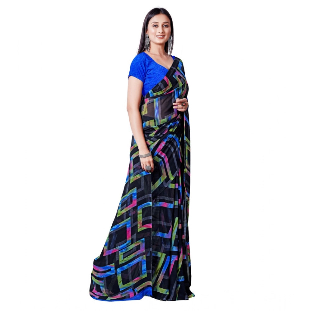 pkrkart Women's Georgette Printed Saree With Unstitched Blouse (Blue)