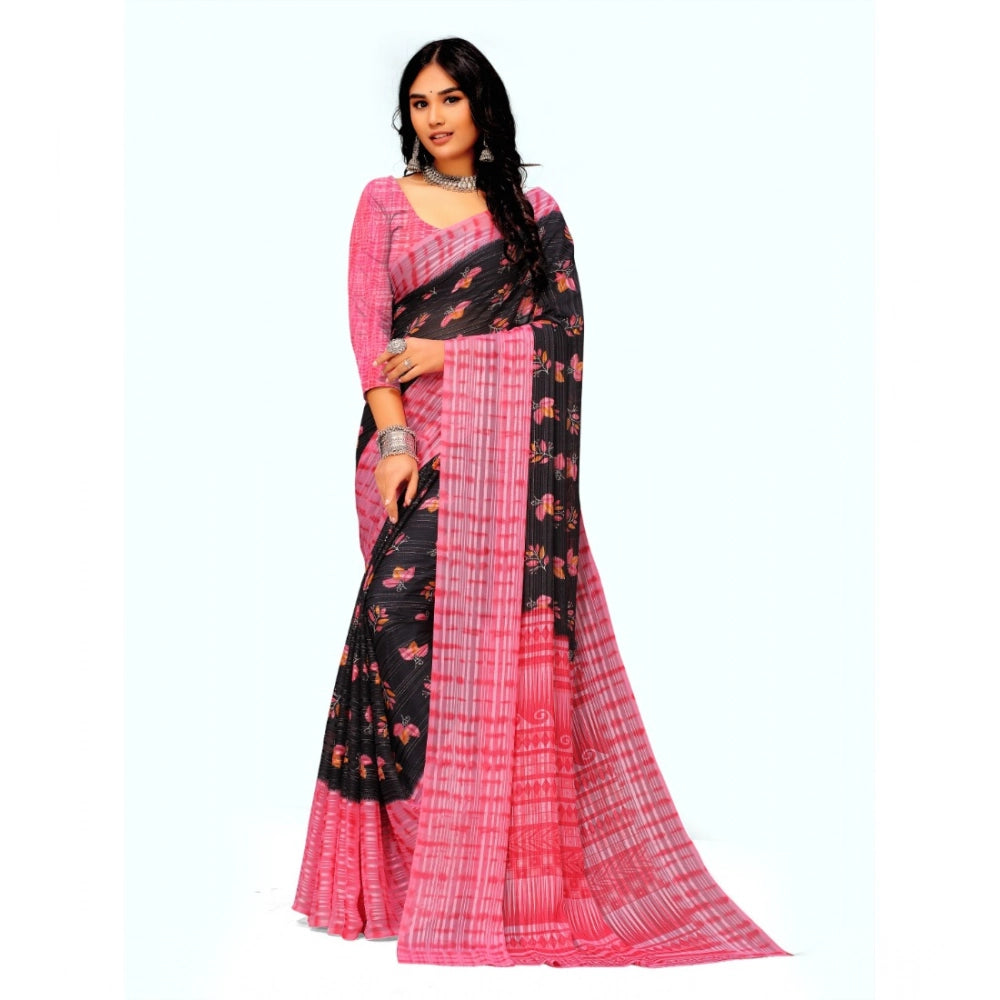 pkrkart Women's Georgette Printed Saree With Unstitched Blouse (Pink)