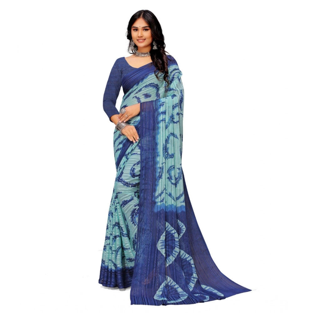 pkrkart Women's Georgette Printed Saree With Unstitched Blouse (Blue)