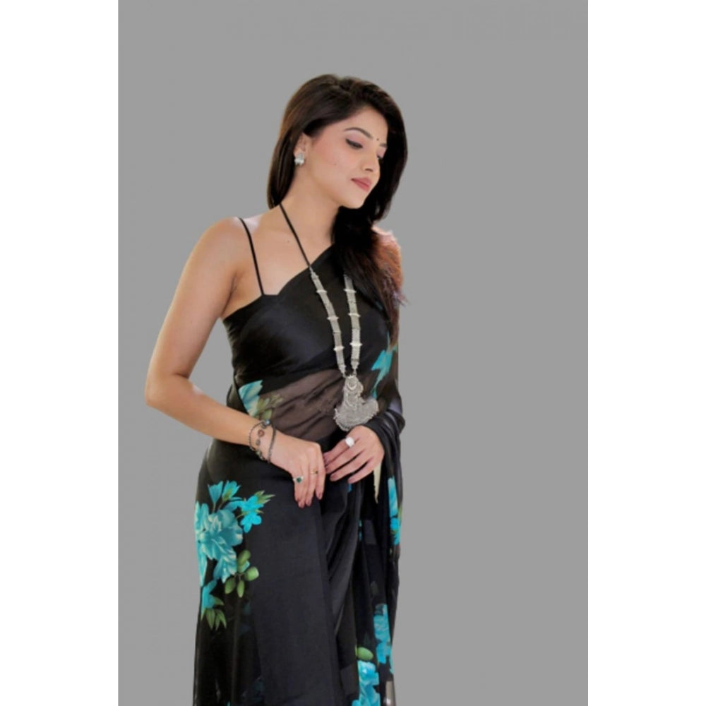 pkrkart Women's Satin Patta Printed Saree With Unstitched Blouse (Blue)