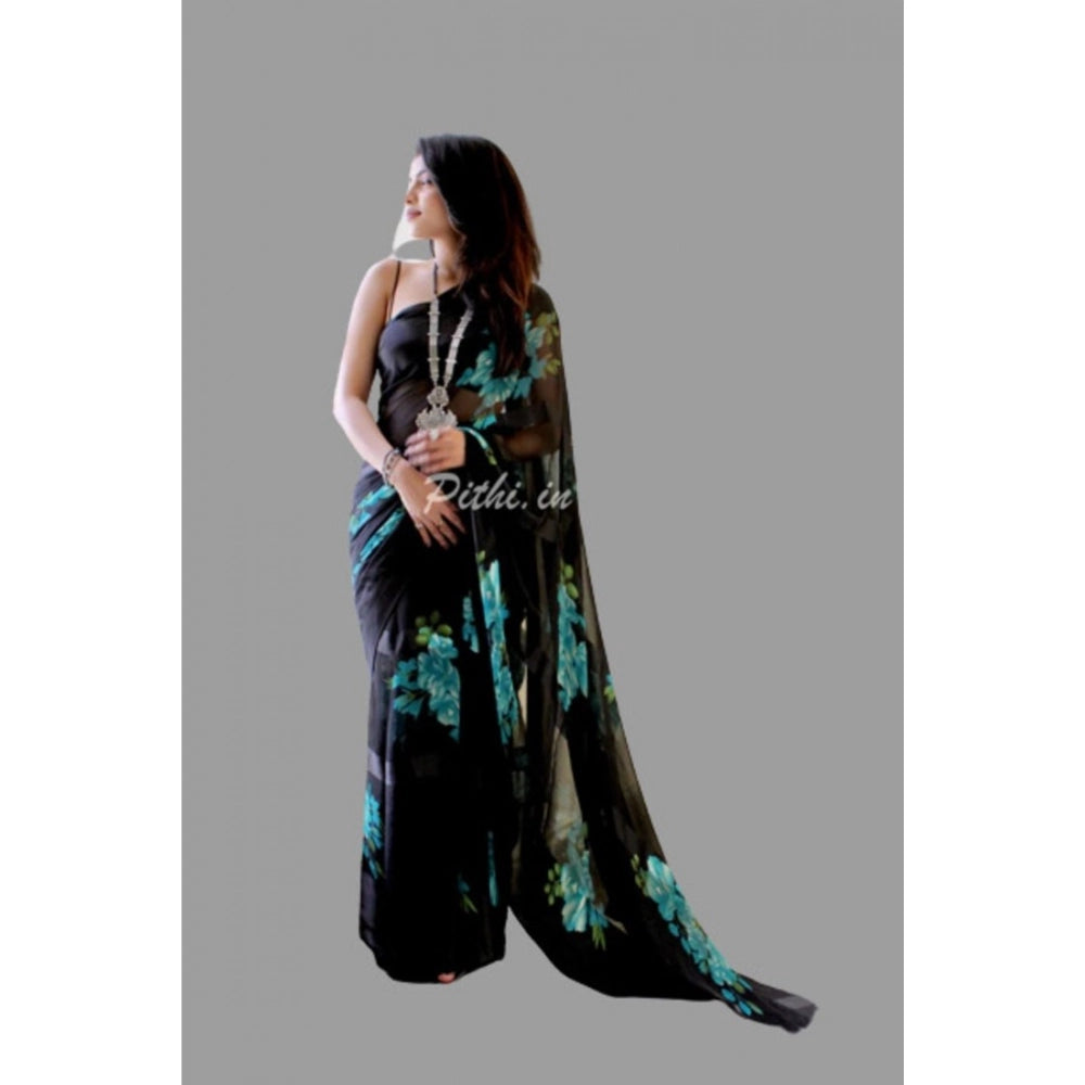 pkrkart Women's Satin Patta Printed Saree With Unstitched Blouse (Blue)