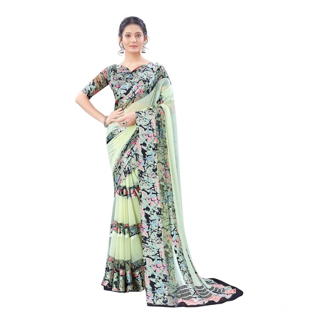 pkrkart Women's Satin Patta Printed Saree With Unstitched Blouse (Cream)