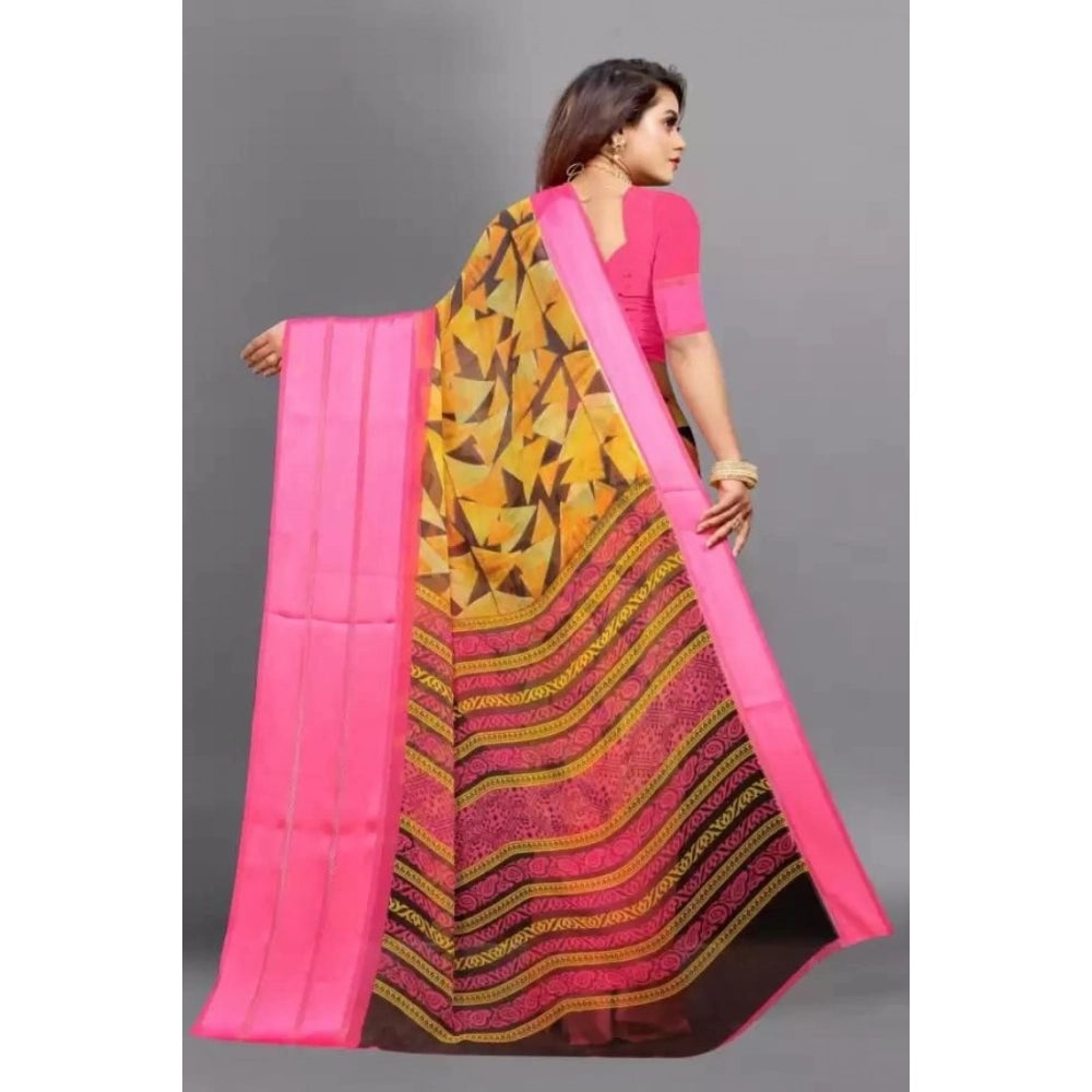 pkrkart Women's Satin Patta Printed Saree With Unstitched Blouse (Pink)