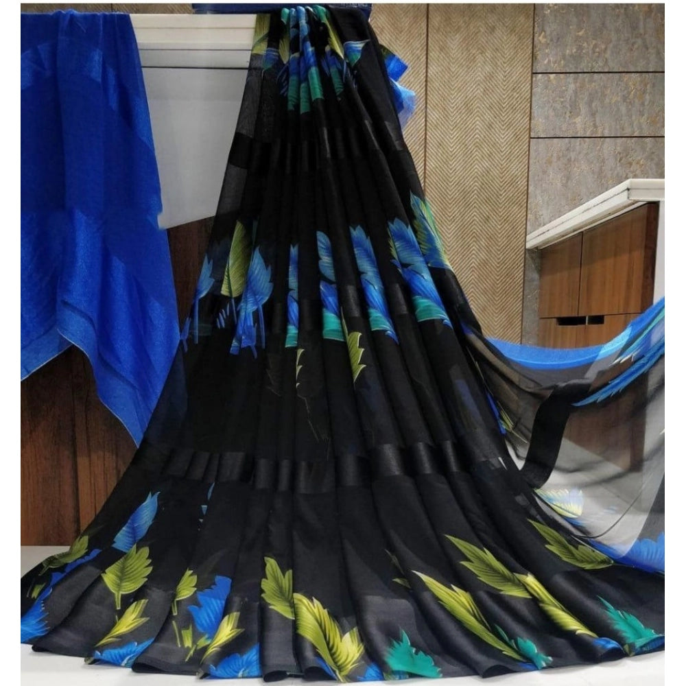 pkrkart Women's Satin Patta Printed Saree With Unstitched Blouse (Blue)