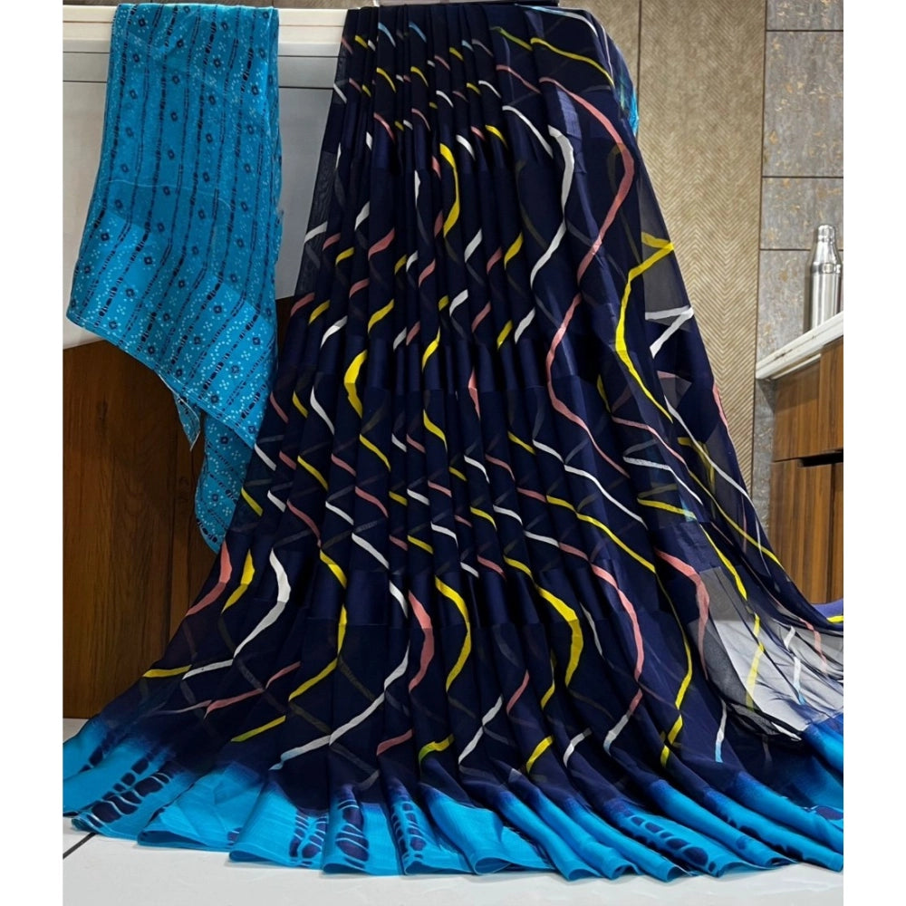 pkrkart Women's Satin Patta Printed Saree With Unstitched Blouse (Blue)