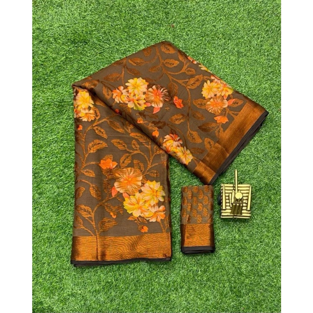 pkrkart Women's Viscose Rayon Printed Saree With Unstitched Blouse (Brown)