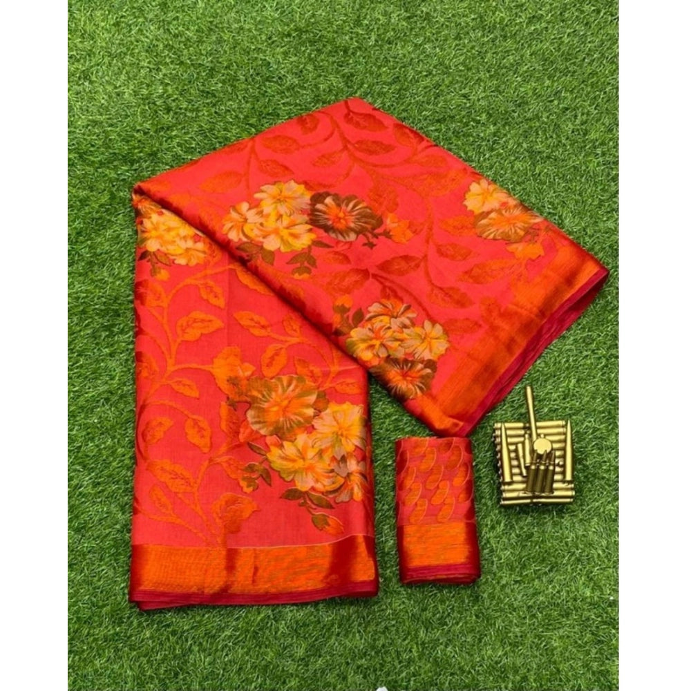 pkrkart Women's Viscose Rayon Printed Saree With Unstitched Blouse (Red)