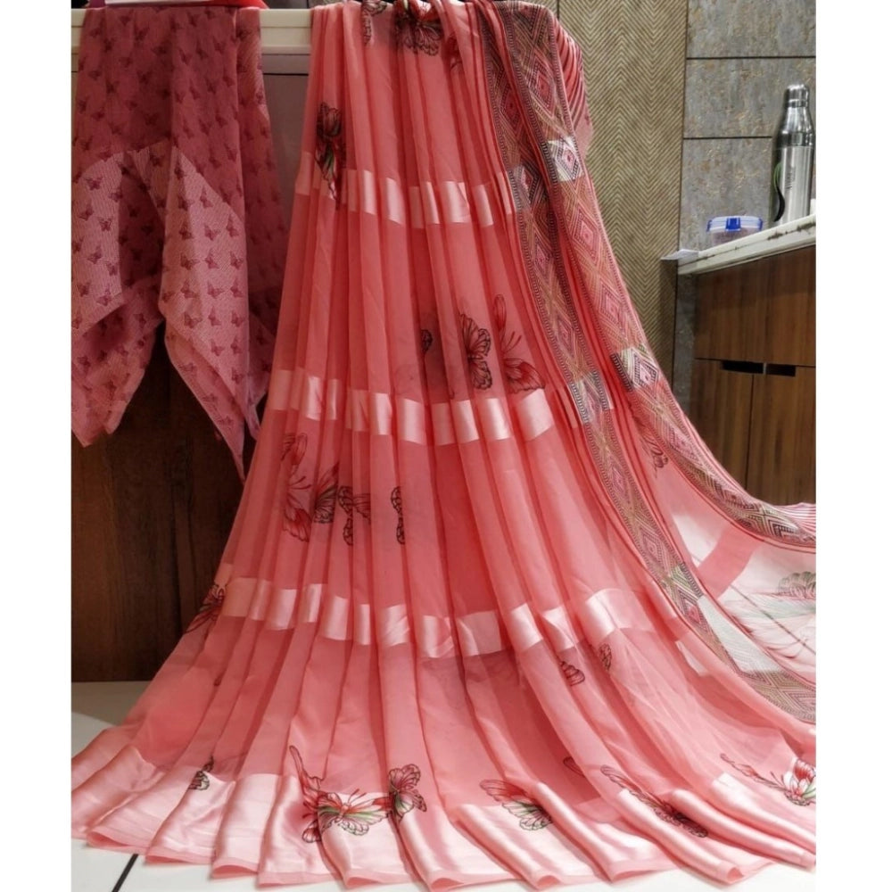 pkrkart Women's Satin Patta Printed Saree With Unstitched Blouse (Pink)