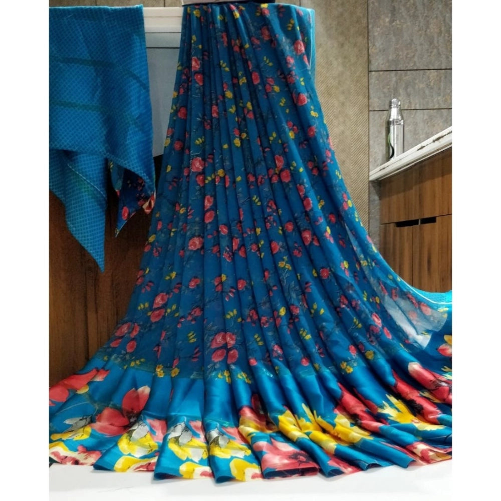 pkrkart Women's Satin Patta Printed Saree With Unstitched Blouse (Navy Blue)