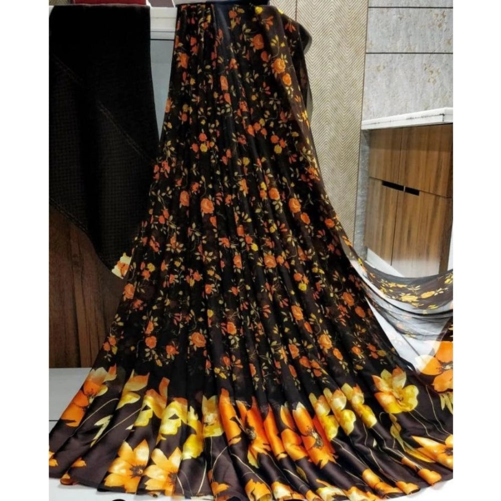 pkrkart Women's Satin Patta Printed Saree With Unstitched Blouse (Brown)