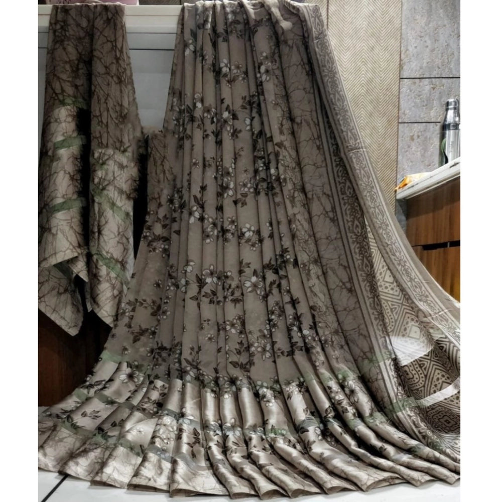 pkrkart Women's Satin Patta Printed Saree With Unstitched Blouse (Grey)