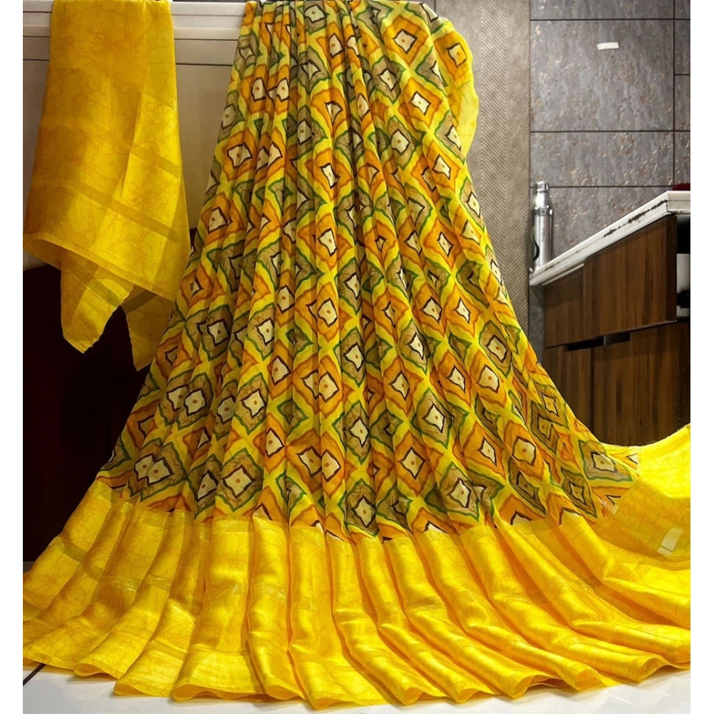 pkrkart Women's Satin Patta Printed Saree With Unstitched Blouse (Yellow)