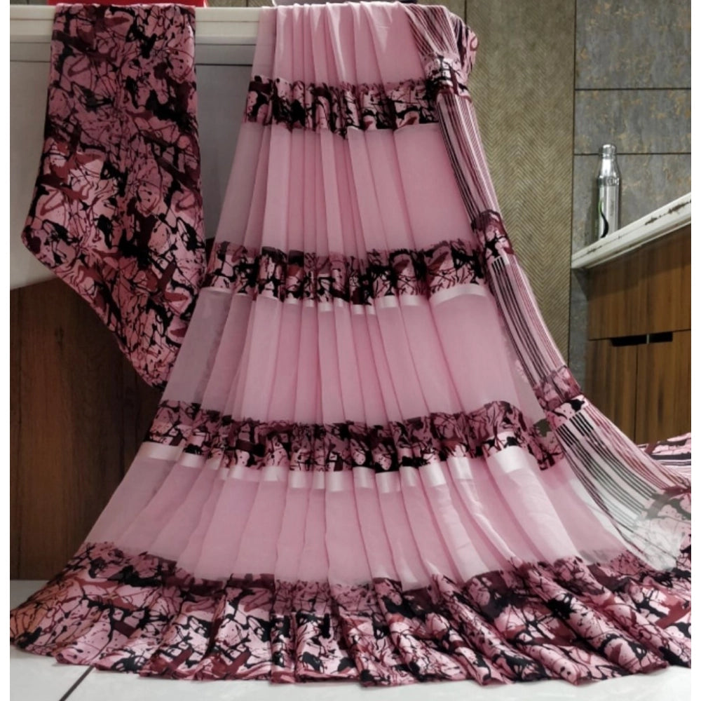 pkrkart Women's Satin Patta Printed Saree With Unstitched Blouse (Pink)