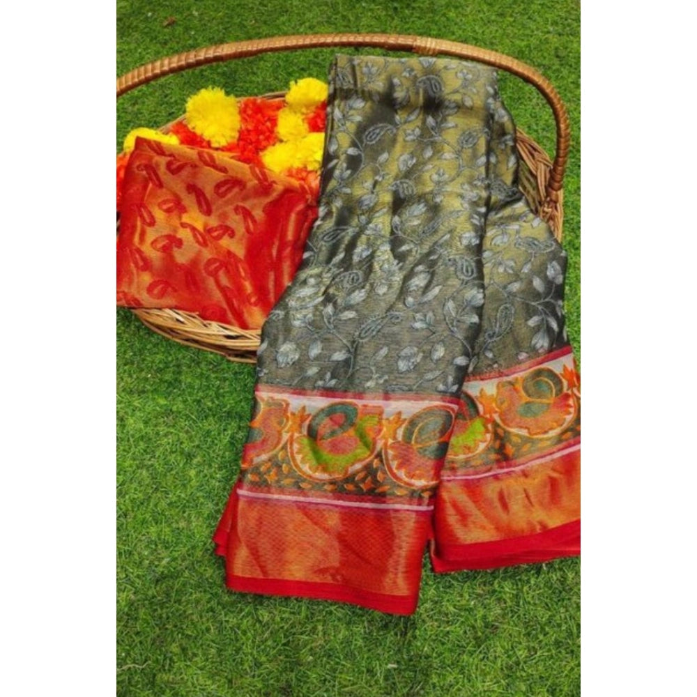 pkrkart Women's Viscose Rayon Printed Saree With Unstitched Blouse (Grey)