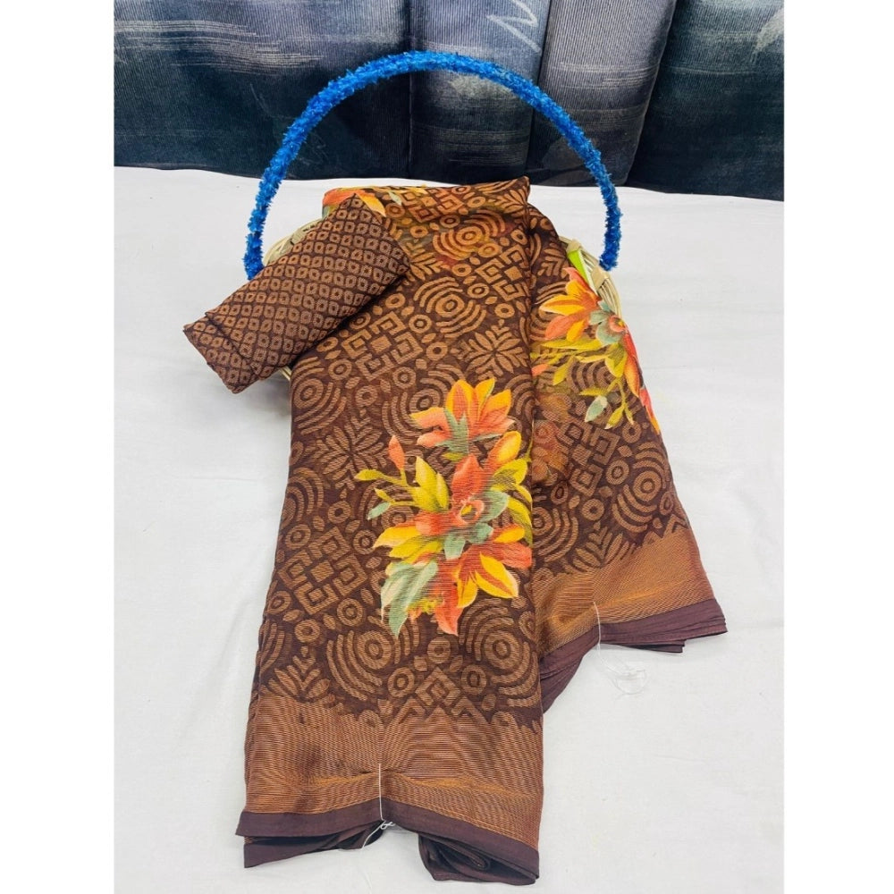 pkrkart Women's Viscose Rayon Printed Saree With Unstitched Blouse (Brown)