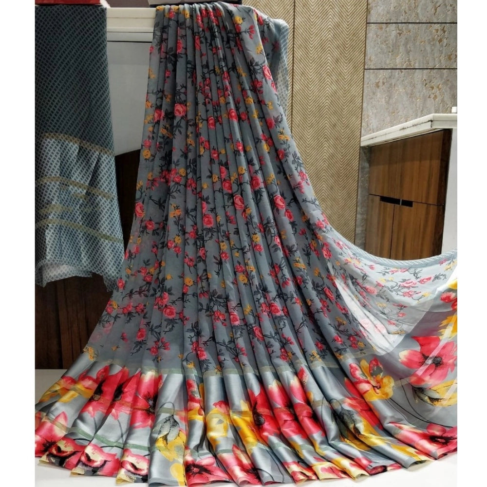 pkrkart Women's Satin Patta Printed Saree With Unstitched Blouse (Grey)