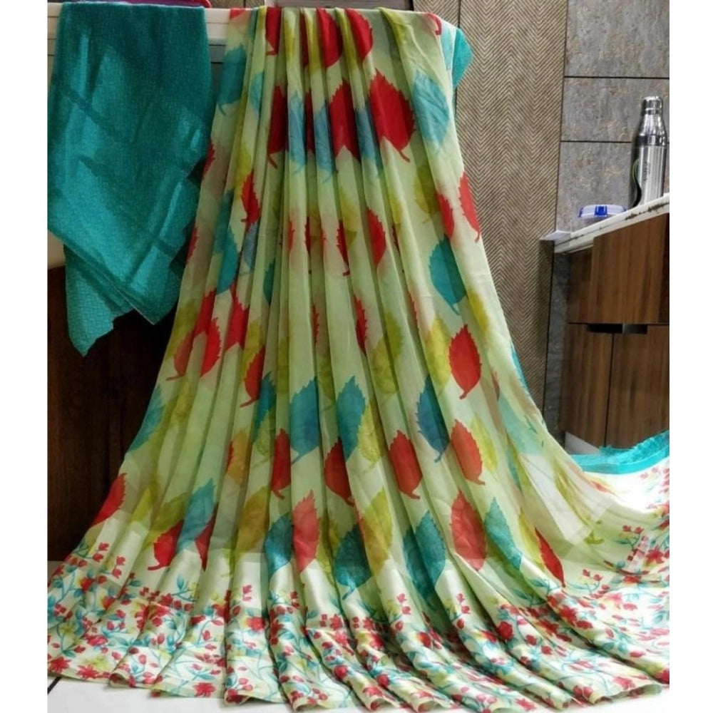 pkrkart Women's Satin Patta Printed Saree With Unstitched Blouse (Green)
