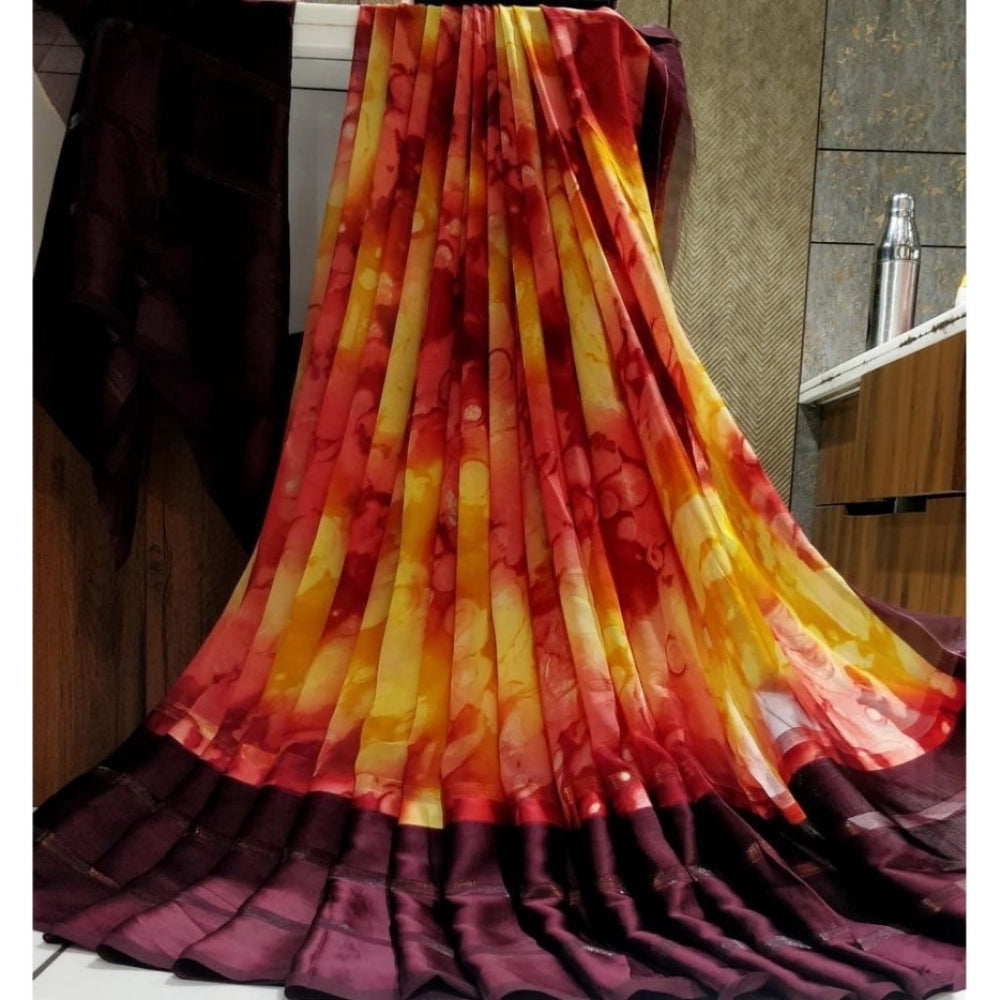 pkrkart Women's Satin Patta Printed Saree With Unstitched Blouse (Purple)