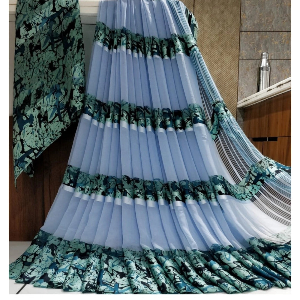 pkrkart Women's Satin Patta Printed Saree With Unstitched Blouse (Blue)