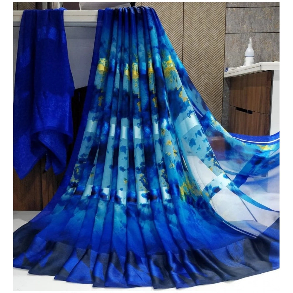 pkrkart Women's Satin Patta Printed Saree With Unstitched Blouse (Blue)