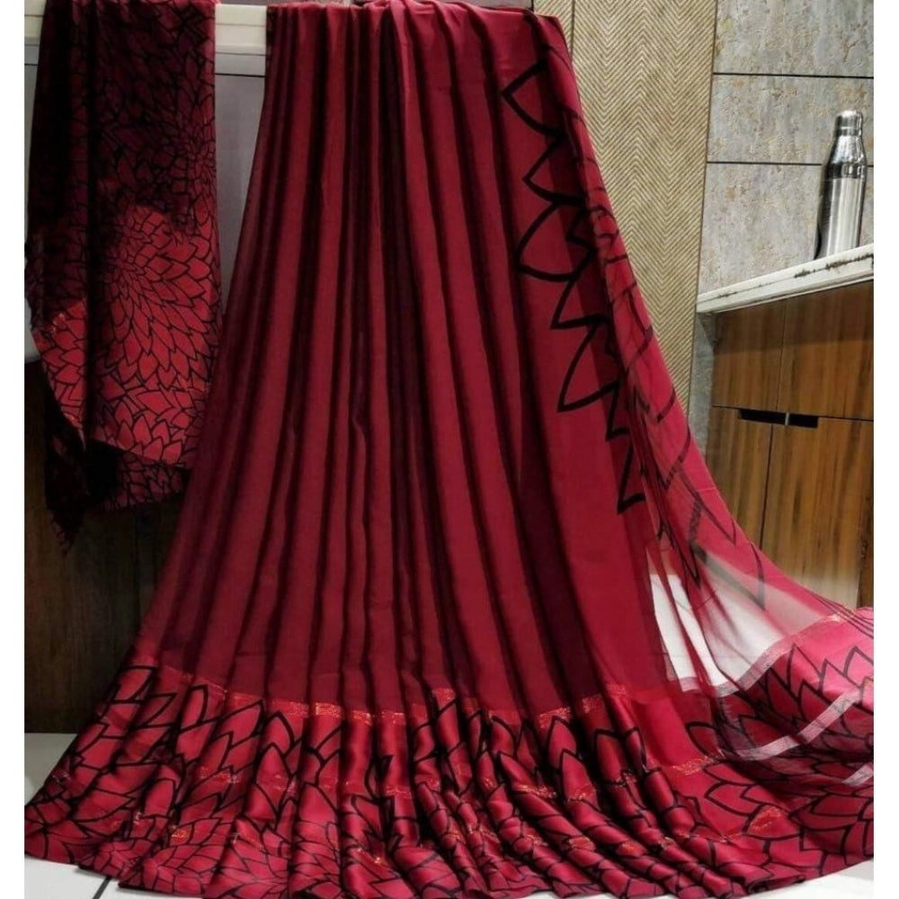pkrkart Women's Satin Patta Printed Saree With Unstitched Blouse (Maroon)