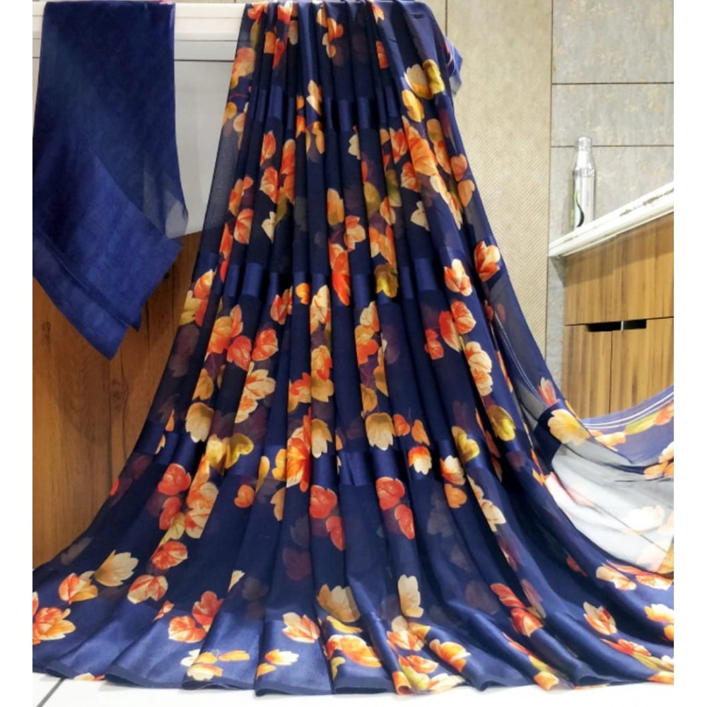pkrkart Women's Satin Patta Printed Saree With Unstitched Blouse (Blue)