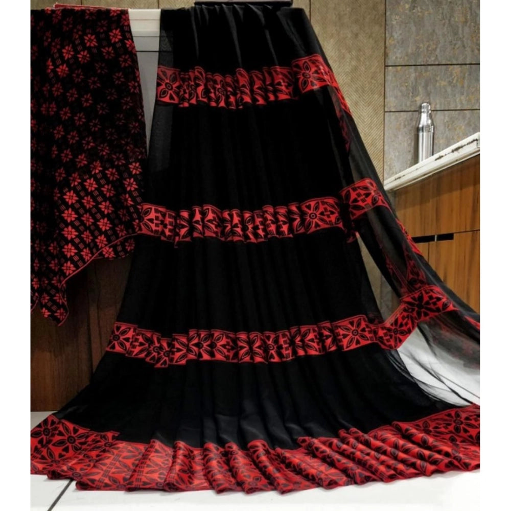 pkrkart Women's Satin Patta Printed Saree With Unstitched Blouse (Red)