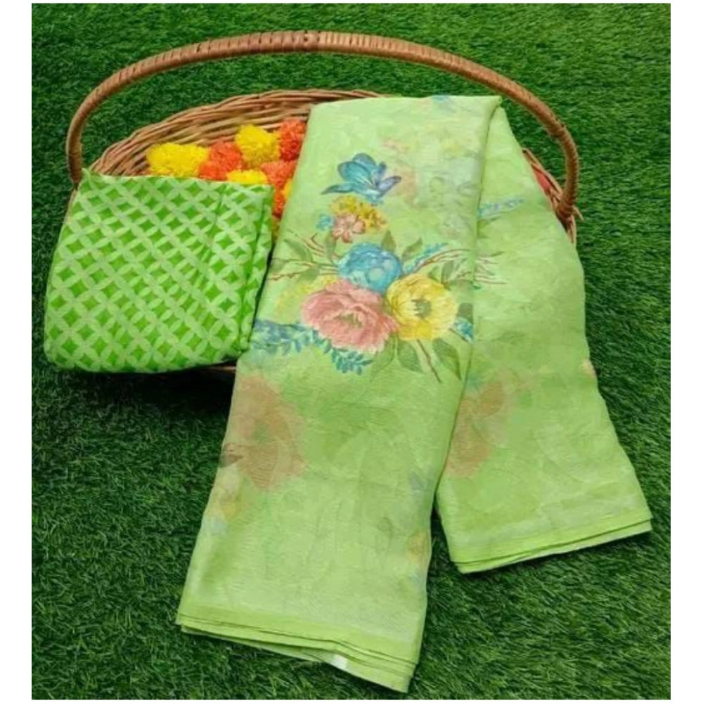 pkrkart Women's Viscose Rayon Printed Saree With Unstitched Blouse (Green)