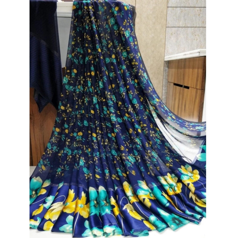 pkrkart Women's Satin Patta Printed Saree With Unstitched Blouse (Blue)
